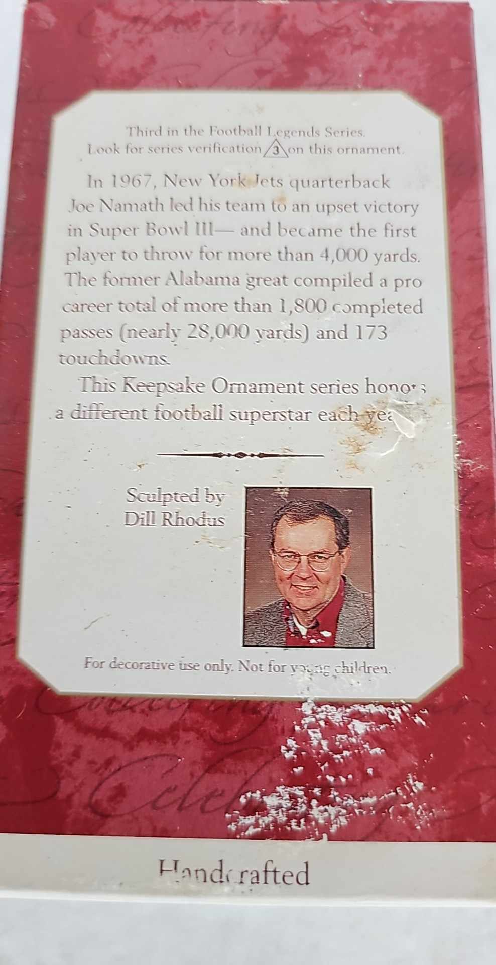 HALLMARK KEEPSAKE ORNAMENT JOE NAMATH WITH COLLECTOR&#039;S CARD